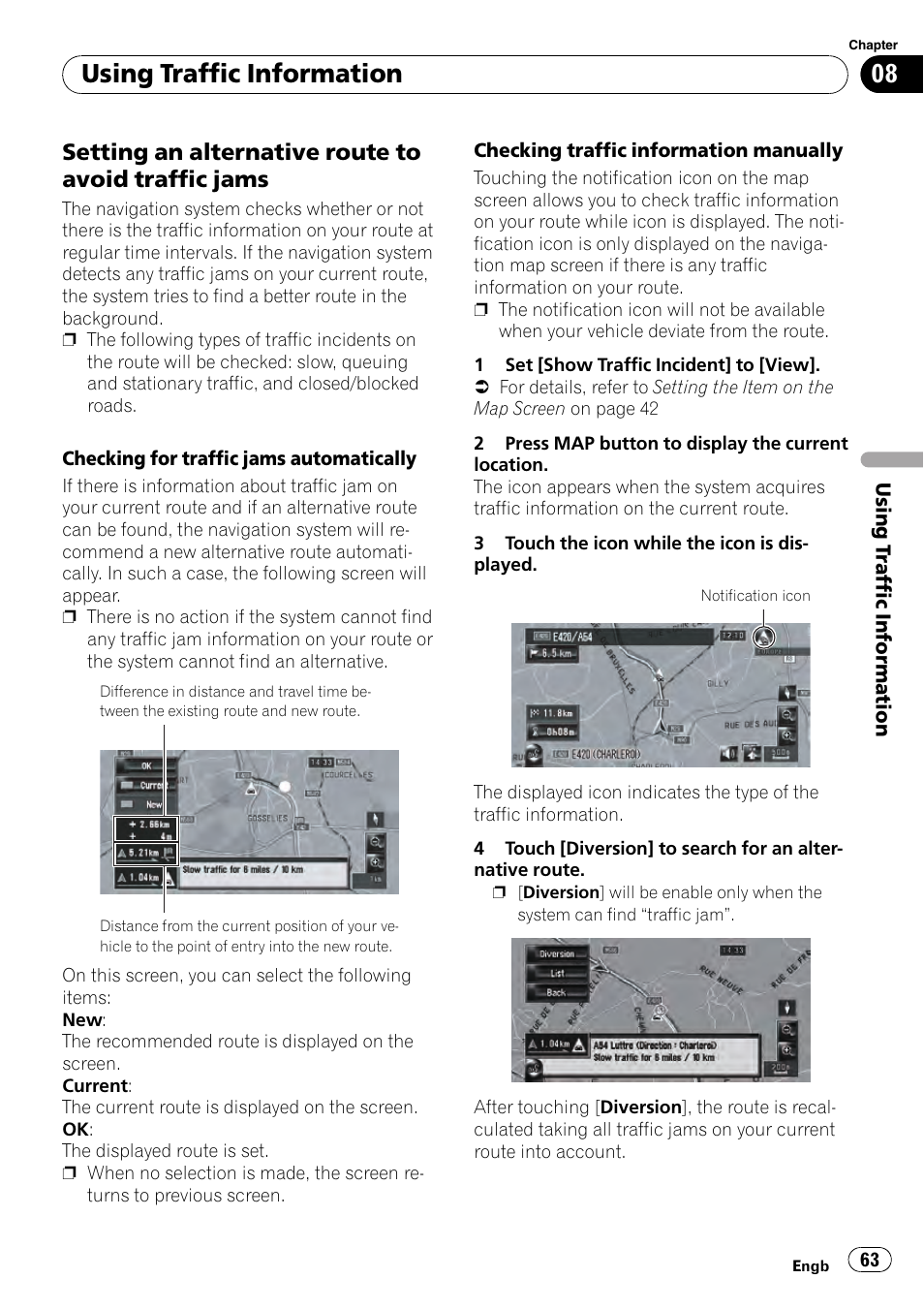 Setting an alternative route to avoid, Traffic jams, Using traffic information | Setting an alternative route to avoid traffic jams | Pioneer AVIC-HD3-II User Manual | Page 63 / 193