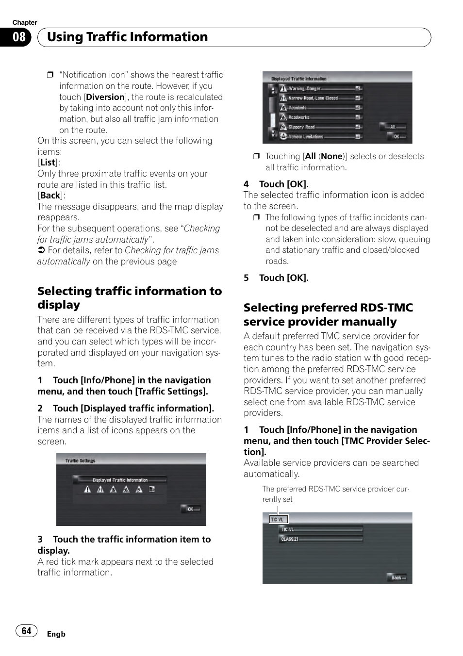 Selecting traffic information to, Display, Selecting preferred rds-tmc service | Provider manually, Using traffic information, Selecting traffic information to display | Pioneer AVIC-HD3-II User Manual | Page 64 / 193