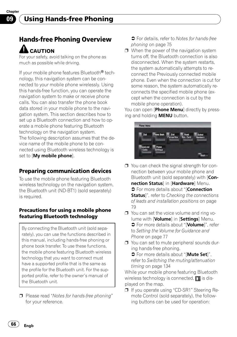 Preparing communication devices 66, Hands-free phoning overview, Using hands-free phoning | Preparing communication devices | Pioneer AVIC-HD3-II User Manual | Page 66 / 193