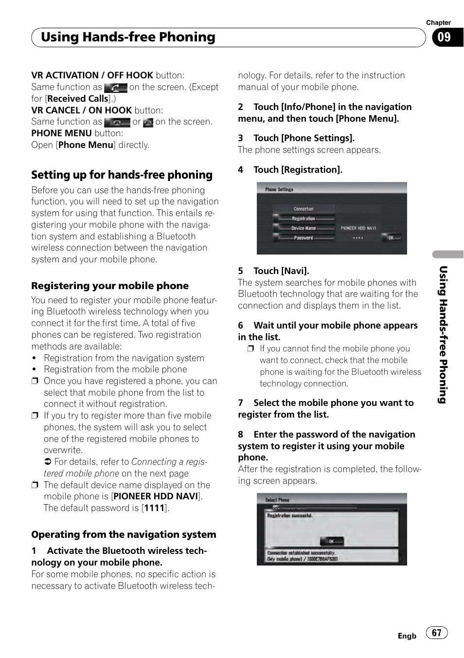 Setting up for hands-free phoning 67, Using hands-free phoning, Setting up for hands-free phoning | Pioneer AVIC-HD3-II User Manual | Page 67 / 193
