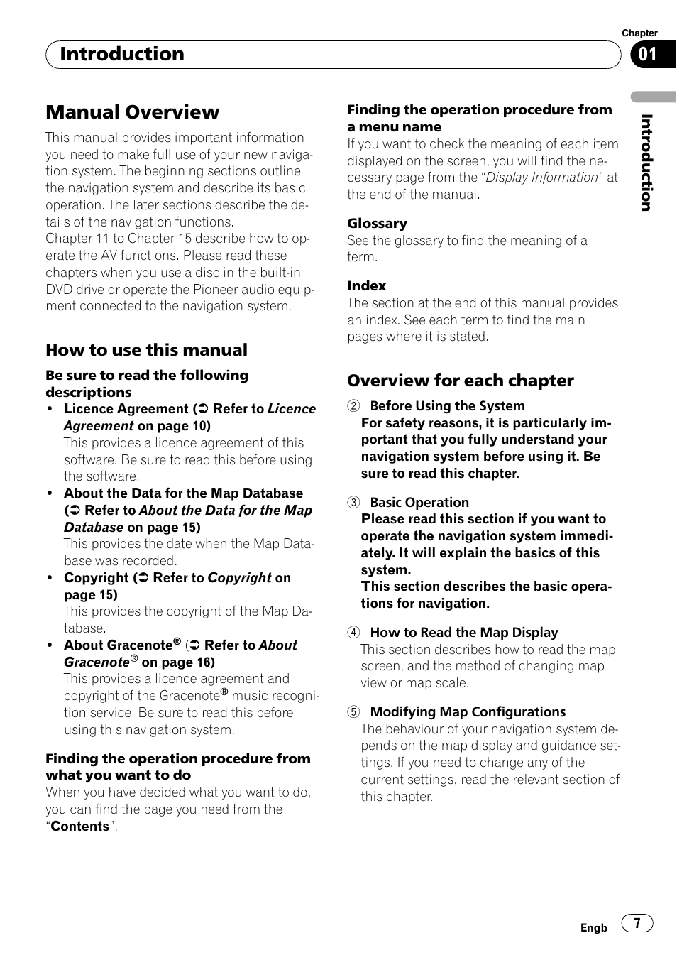 Introduction manual overview, How to use this manual 7, Overview for each chapter 7 | Manual overview, Introduction, How to use this manual, Overview for each chapter | Pioneer AVIC-HD3-II User Manual | Page 7 / 193