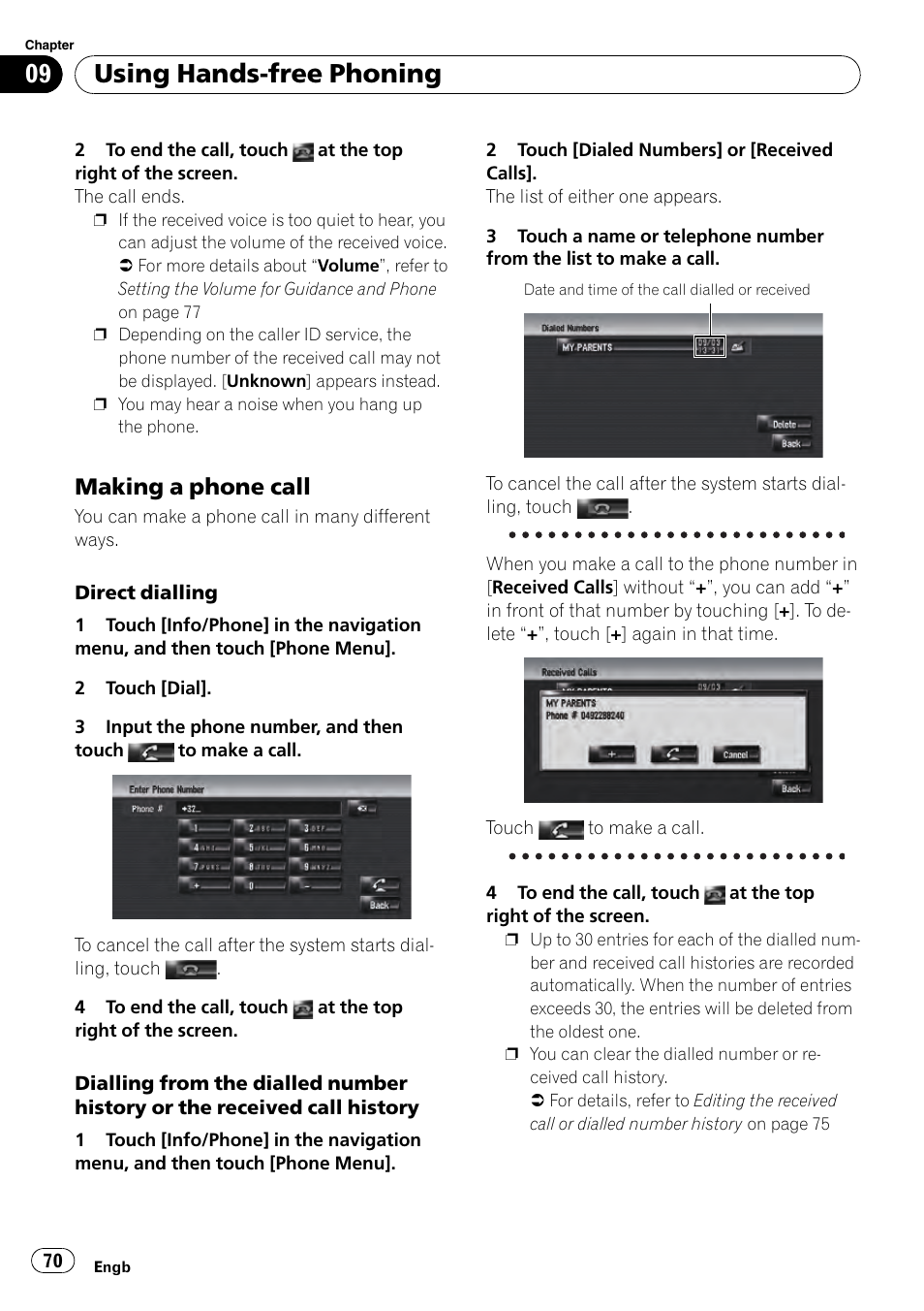 Making a phone call 70, Using hands-free phoning, Making a phone call | Pioneer AVIC-HD3-II User Manual | Page 70 / 193