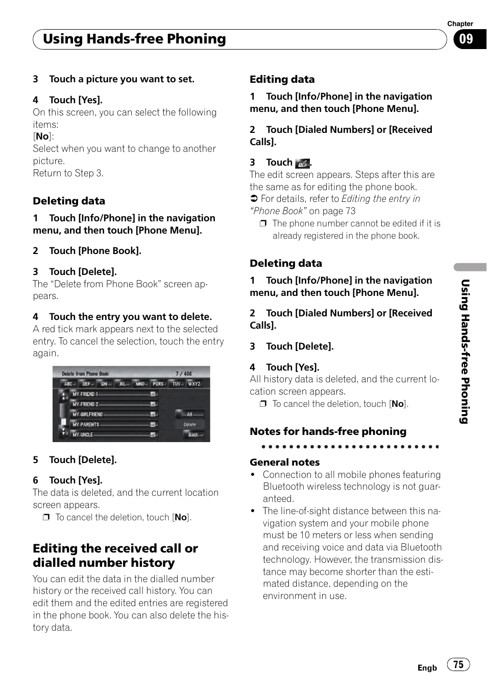 Editing the received call or dialled, Number history, Notes for hands-free phoning | Using hands-free phoning | Pioneer AVIC-HD3-II User Manual | Page 75 / 193