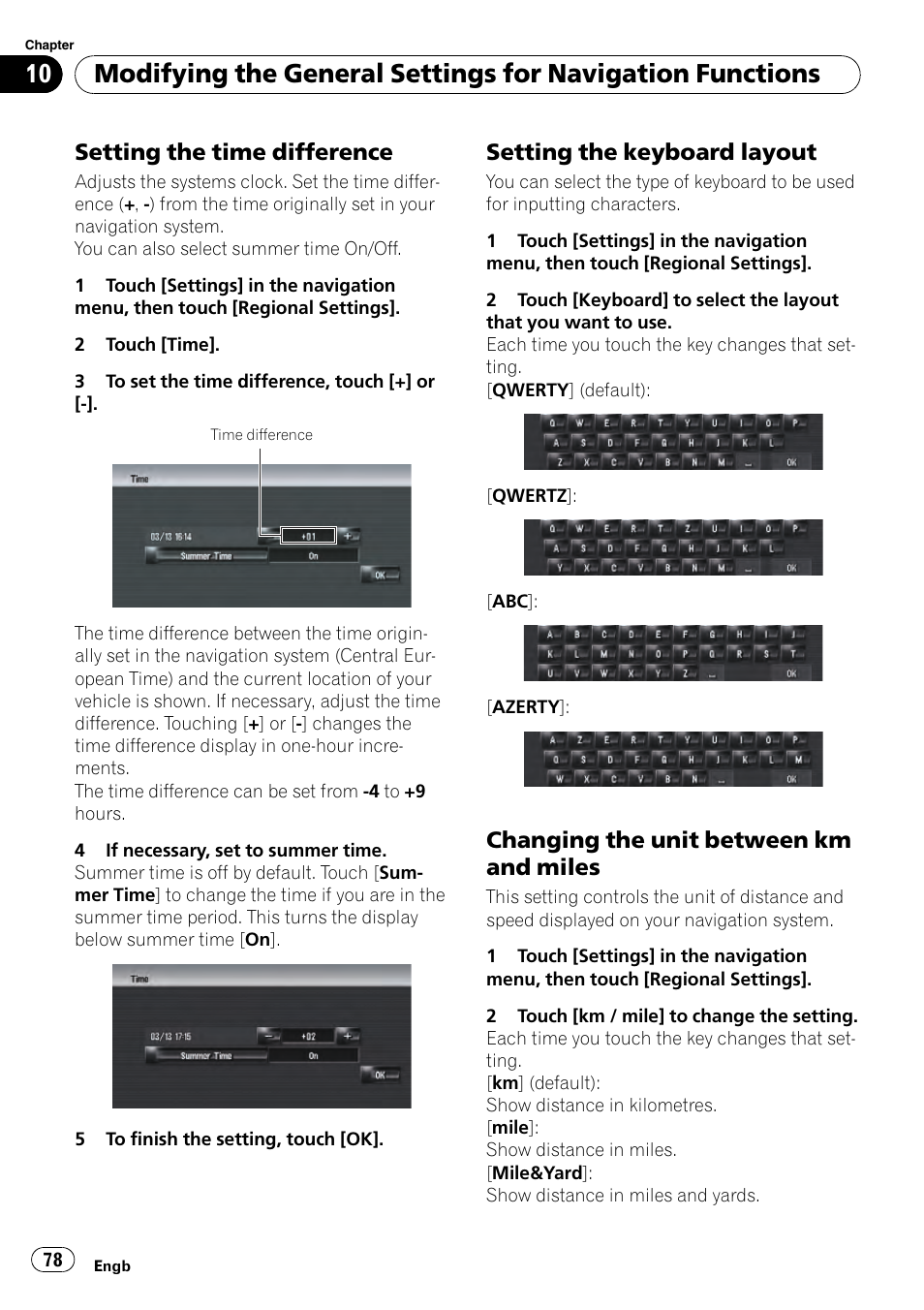 Setting the time difference 78, Setting the keyboard layout 78, Changing the unit between km and | Miles, Setting the time difference, Setting the keyboard layout, Changing the unit between km and miles | Pioneer AVIC-HD3-II User Manual | Page 78 / 193