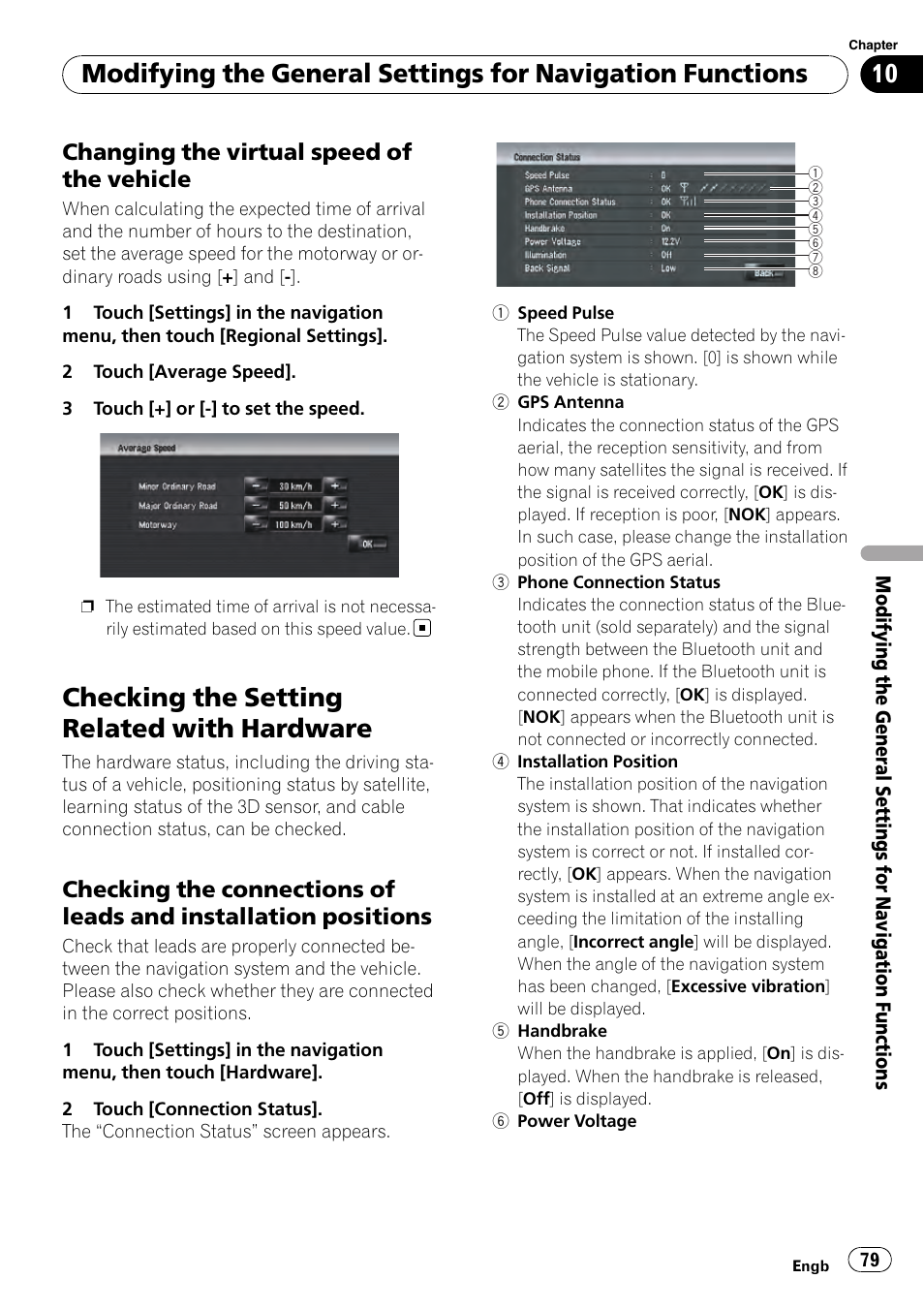 Changing the virtual speed of the, Vehicle, Checking the setting related with | Hardware, Checking the connections of leads and, Installation positions, Checking the connections, Checking the setting related with hardware, Changing the virtual speed of the vehicle | Pioneer AVIC-HD3-II User Manual | Page 79 / 193