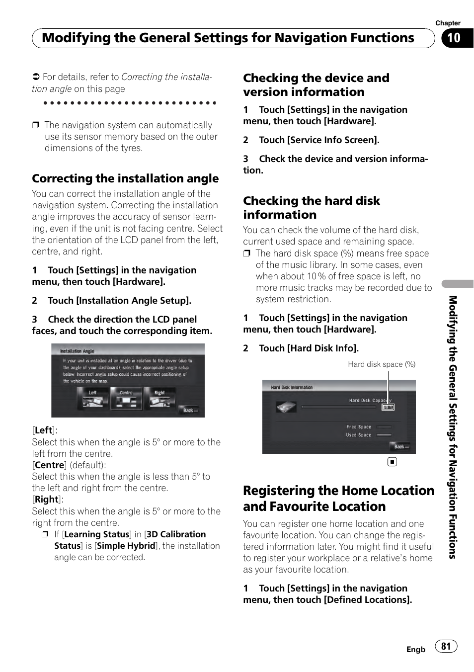 Correcting the installation angle 81, Checking the device and version, Information | Checking the hard disk, Registering the home location and favourite, Location | Pioneer AVIC-HD3-II User Manual | Page 81 / 193