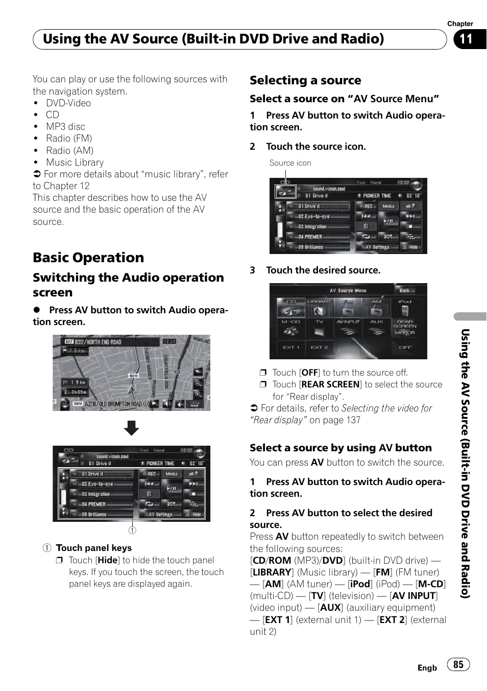 Switching the audio operation, Screen, Selecting a source 85 | Basic operation, Using the av source (built-in dvd drive and radio), Switching the audio operation screen, Selecting a source | Pioneer AVIC-HD3-II User Manual | Page 85 / 193