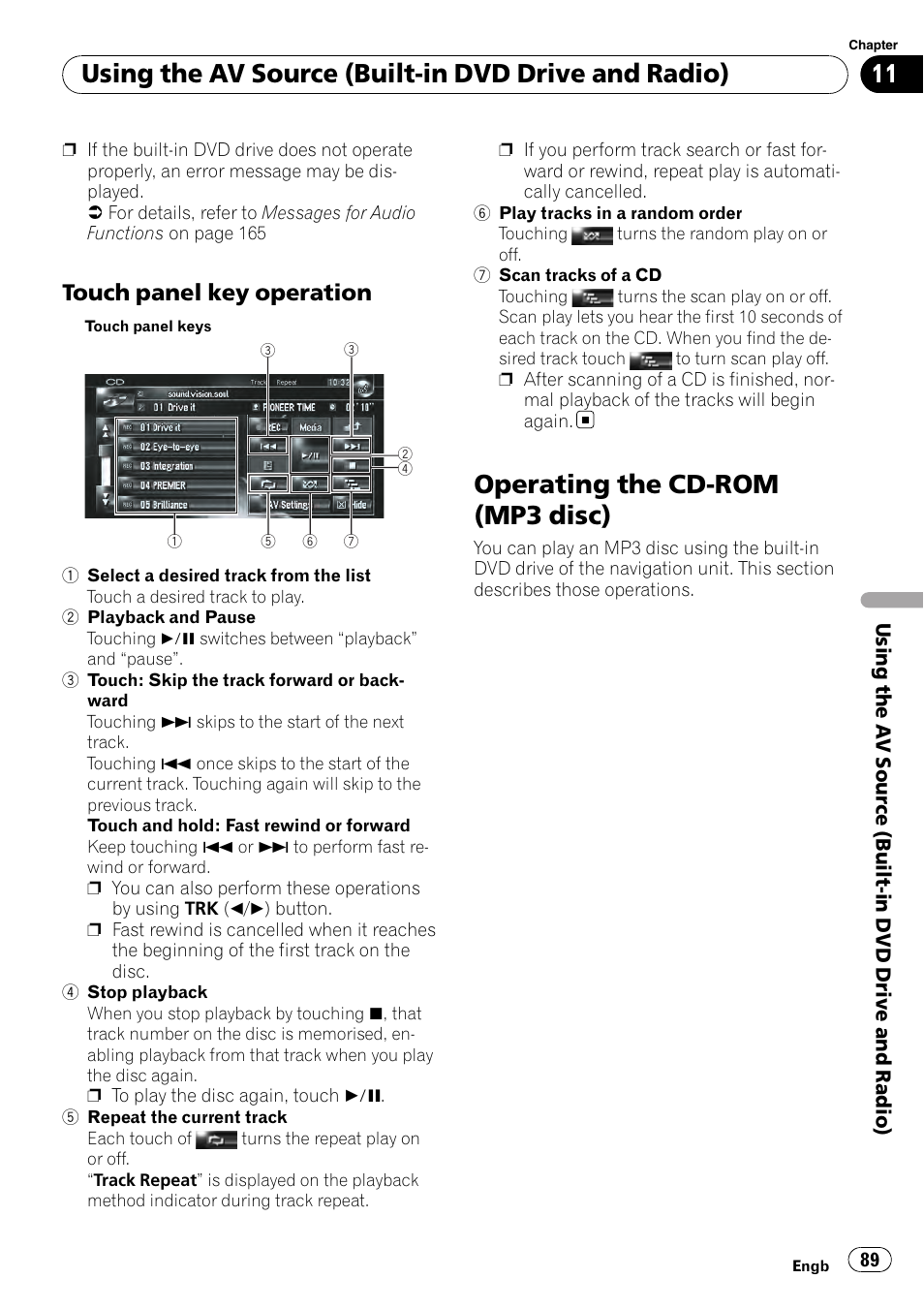 Touch panel key operation 89, Operating the cd-rom (mp3 disc), Using the av source (built-in dvd drive and radio) | Touch panel key operation | Pioneer AVIC-HD3-II User Manual | Page 89 / 193