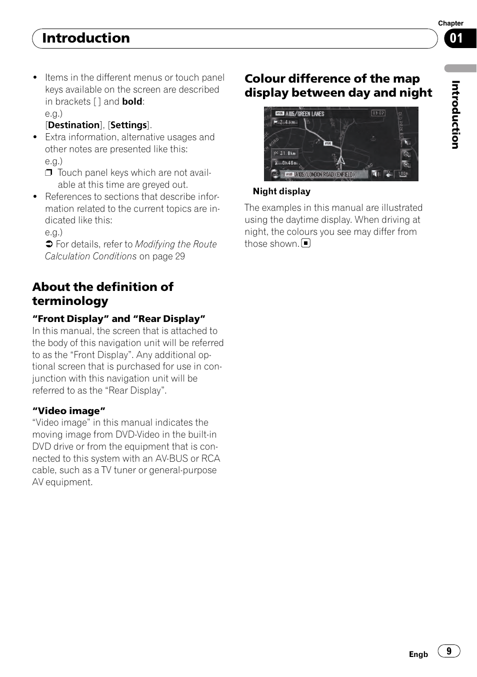 About the definition of terminology 9, Colour difference of the map display, Between day and night | Introduction | Pioneer AVIC-HD3-II User Manual | Page 9 / 193