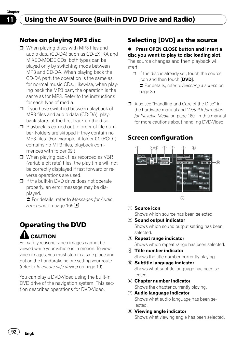 Notes on playing mp3 disc 92, Operating the dvd, Selecting [dvd] as the source 92 | Screen configuration 92, Using the av source (built-in dvd drive and radio), Selecting [dvd] as the source, Screen configuration | Pioneer AVIC-HD3-II User Manual | Page 92 / 193