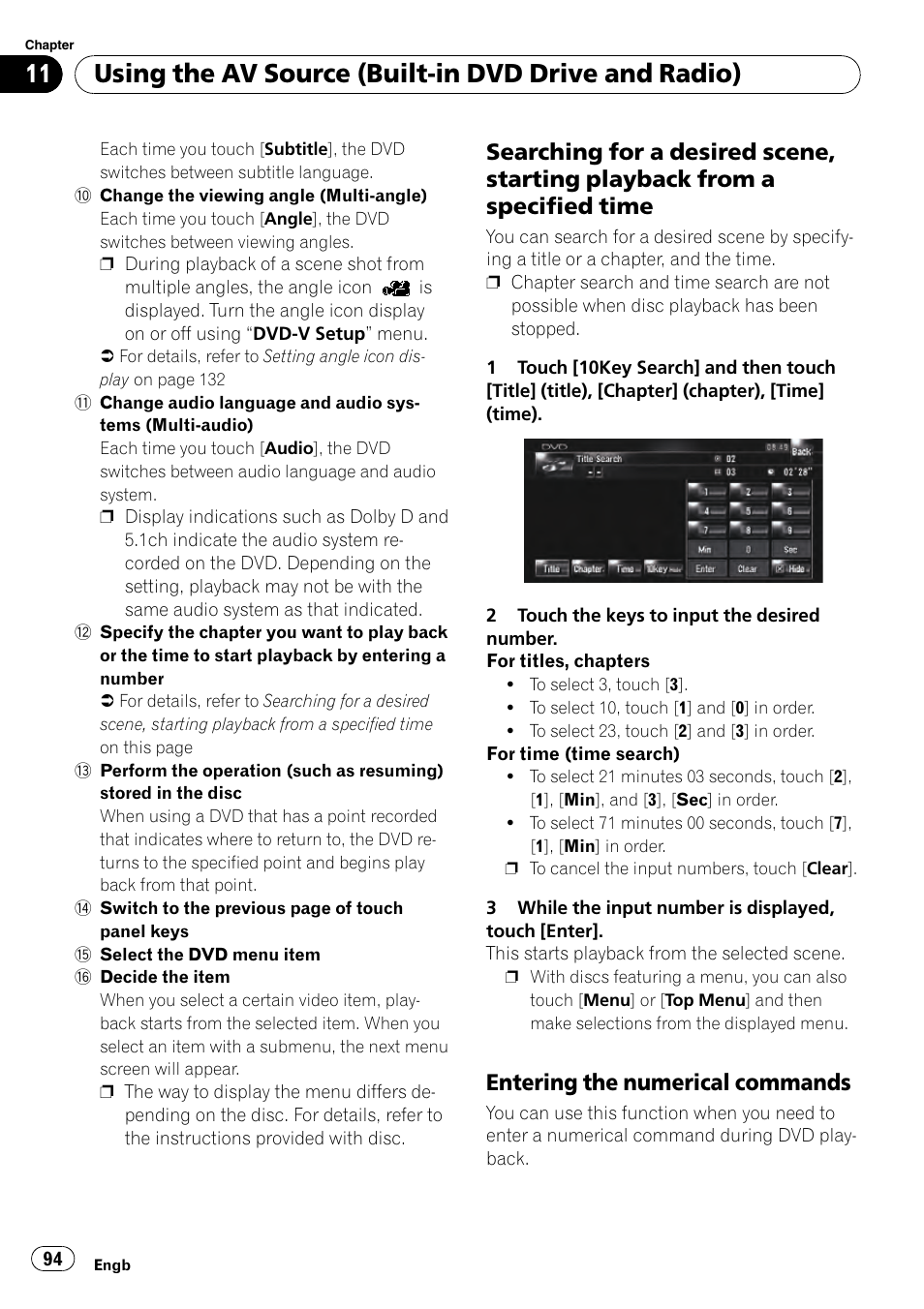 Searching for a desired scene, starting, Playback from a specified time, Entering the numerical commands 94 | Using the av source (built-in dvd drive and radio), Entering the numerical commands | Pioneer AVIC-HD3-II User Manual | Page 94 / 193