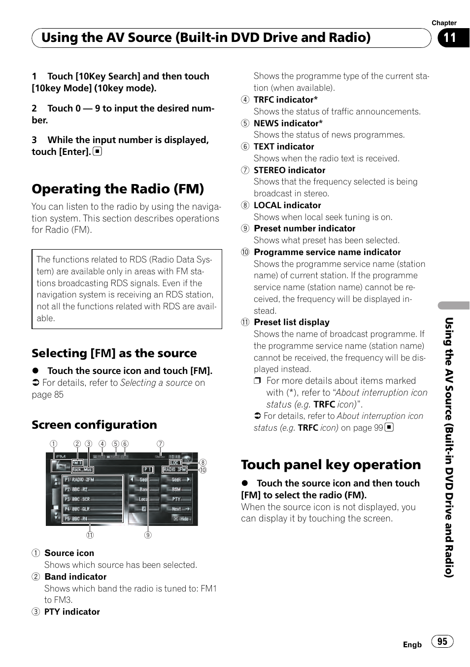 Operating the radio (fm), Selecting [fm] as the source 95, Screen configuration 95 | Touch panel key operation, Using the av source (built-in dvd drive and radio), Selecting [fm] as the source, Screen configuration | Pioneer AVIC-HD3-II User Manual | Page 95 / 193