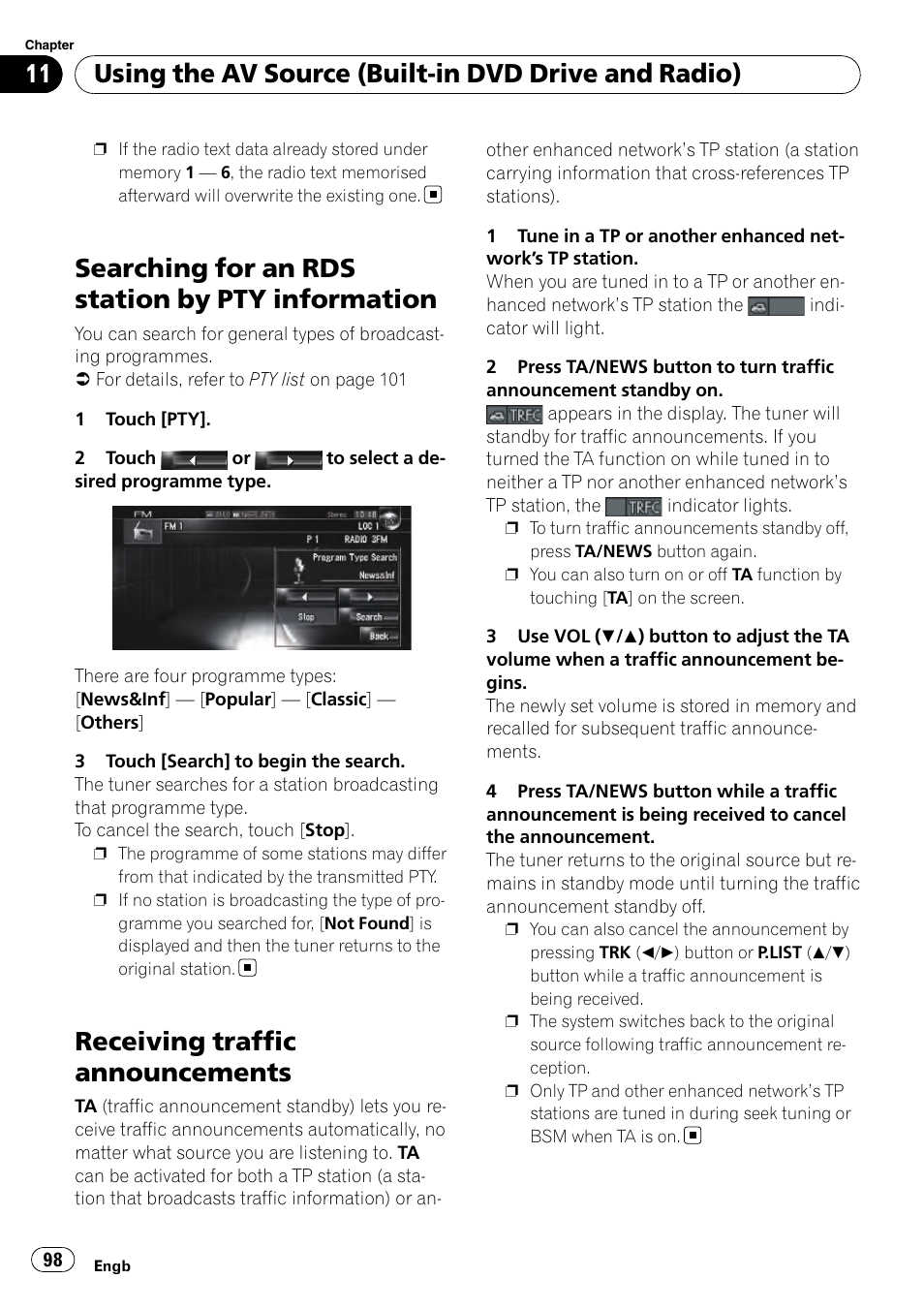 Searching for an rds station by pty, Information, Receiving traffic announcements | Searching for an rds station by pty information, Using the av source (built-in dvd drive and radio) | Pioneer AVIC-HD3-II User Manual | Page 98 / 193