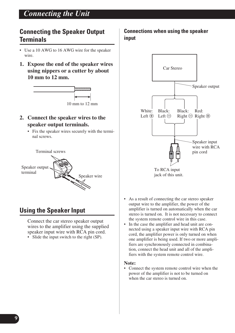 Connecting the unit, Connecting the speaker output terminals, Using the speaker input | Pioneer PRS-D220 User Manual | Page 10 / 99
