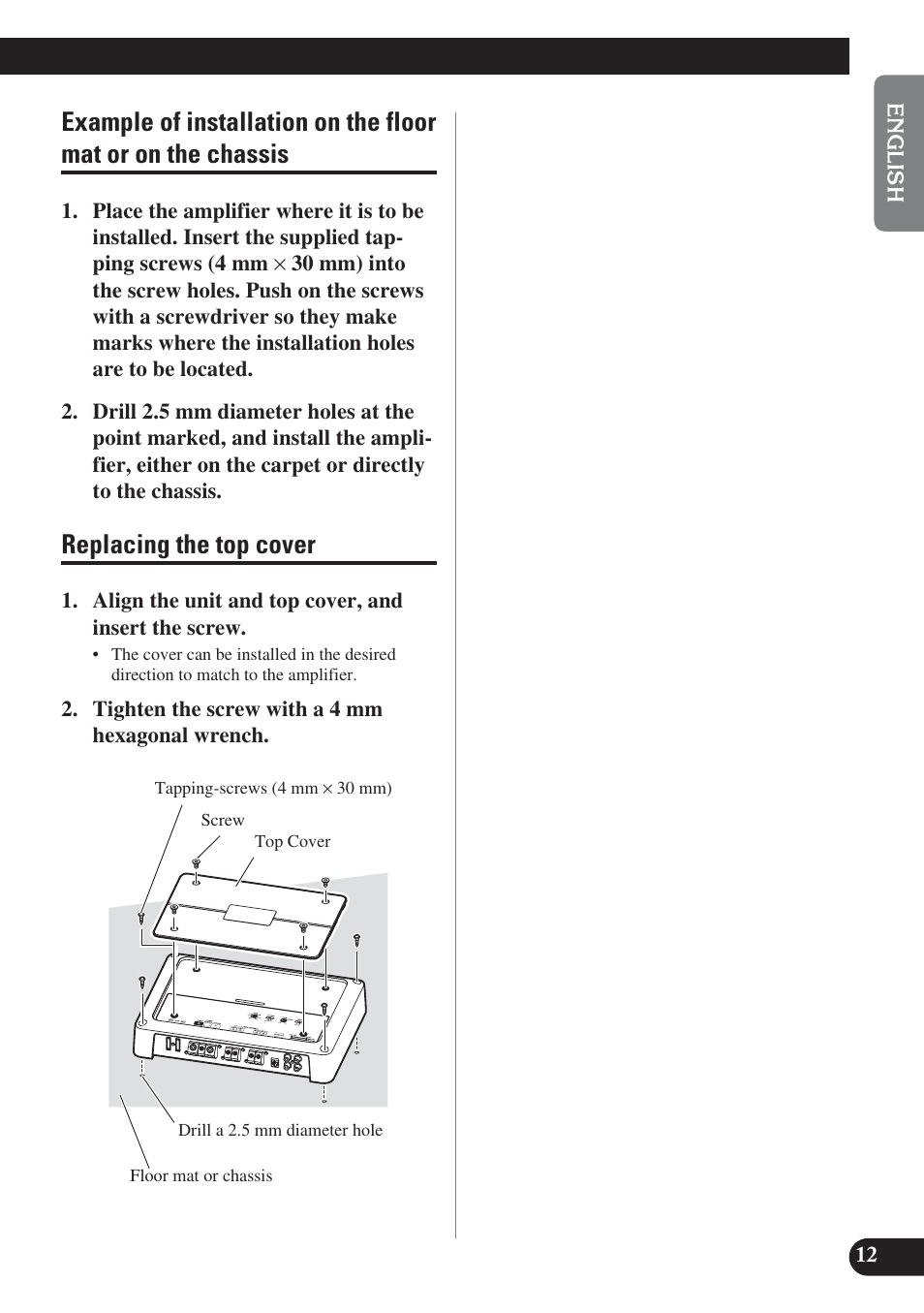 Example of installation on the floor mat, Or on the chassis, Replacing the top cover | Pioneer PRS-D220 User Manual | Page 13 / 99