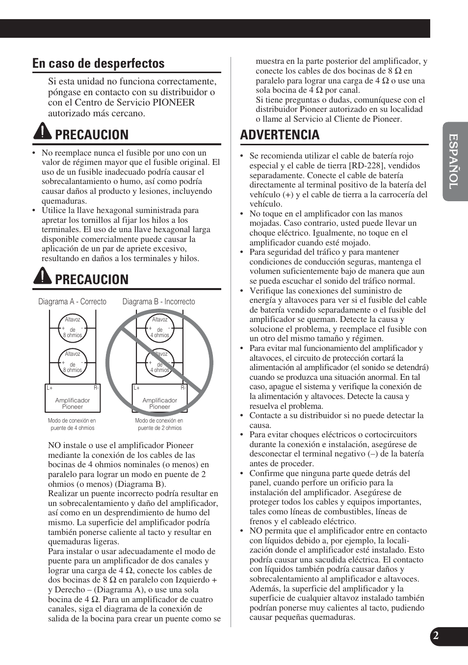 En caso de desperfectos, Precaucion, Advertencia | Pioneer PRS-D220 User Manual | Page 17 / 99