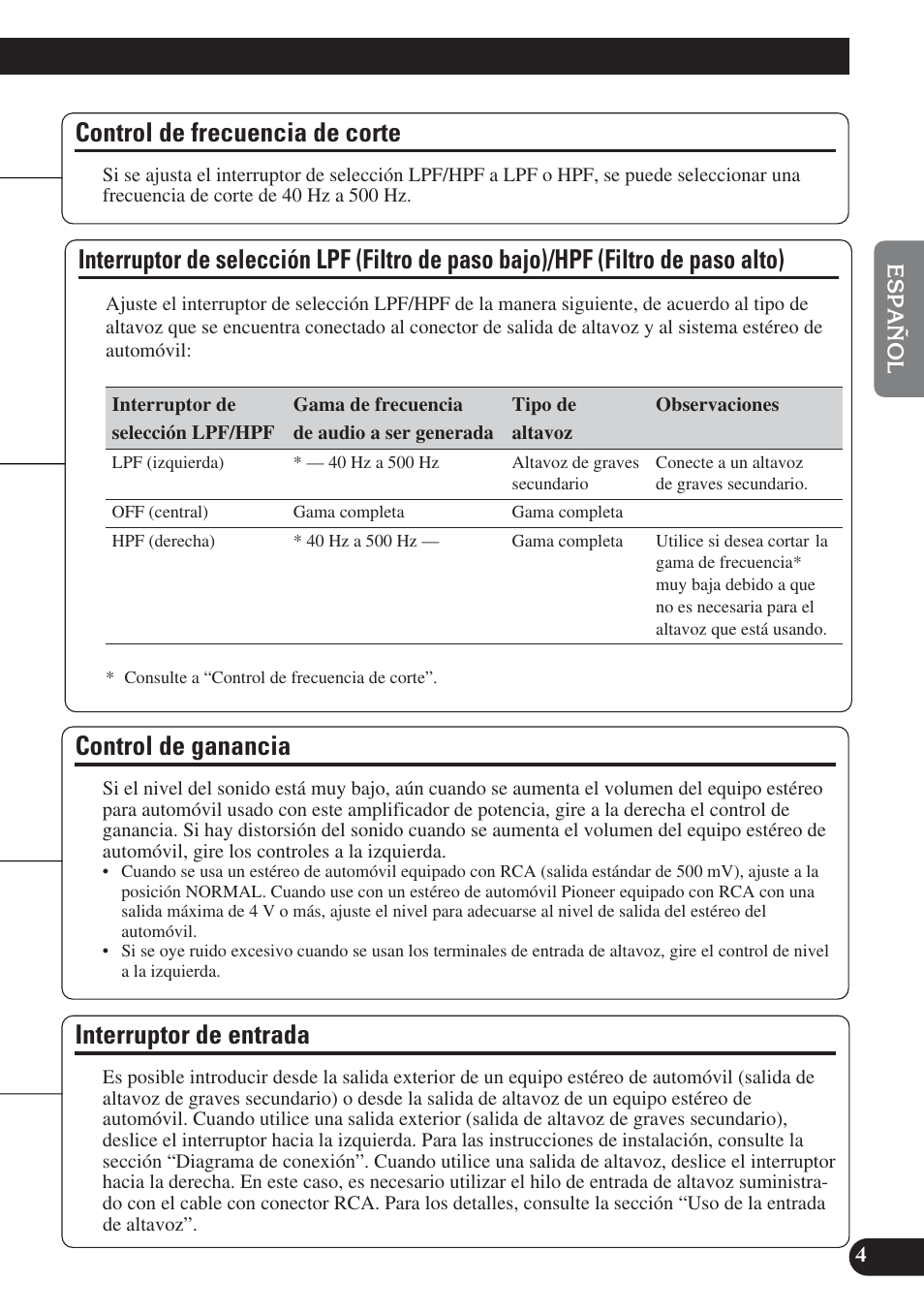 Bajo)/hpf (filtro de paso alto), Control de ganancia interruptor de entrada, Control de frecuencia de corte | Control de ganancia, Interruptor de entrada | Pioneer PRS-D220 User Manual | Page 19 / 99
