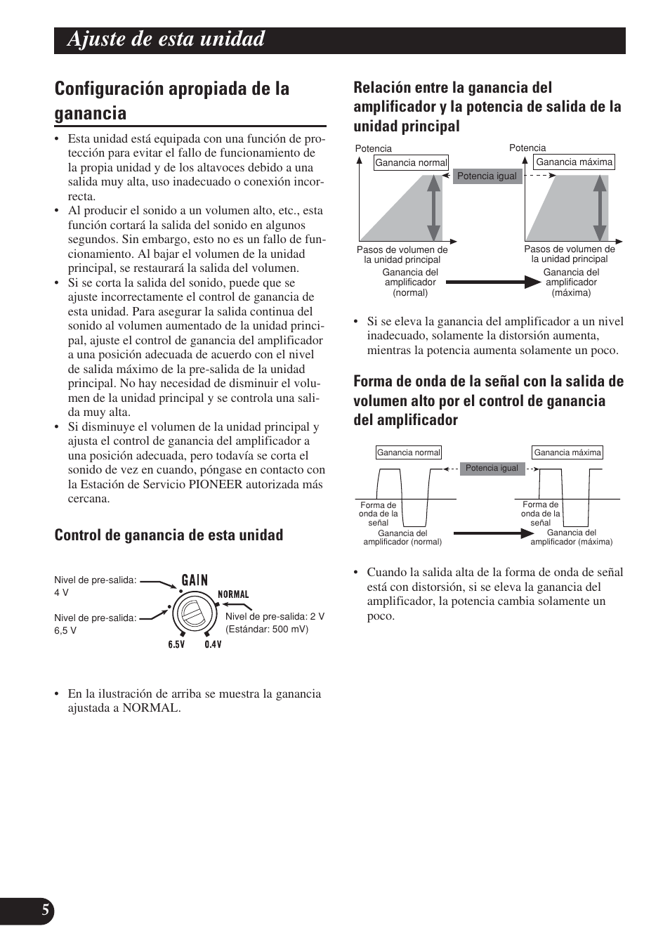 Configuración apropiada de la ganancia, Setting the unit, Ajuste de esta unidad | Control de ganancia de esta unidad | Pioneer PRS-D220 User Manual | Page 20 / 99