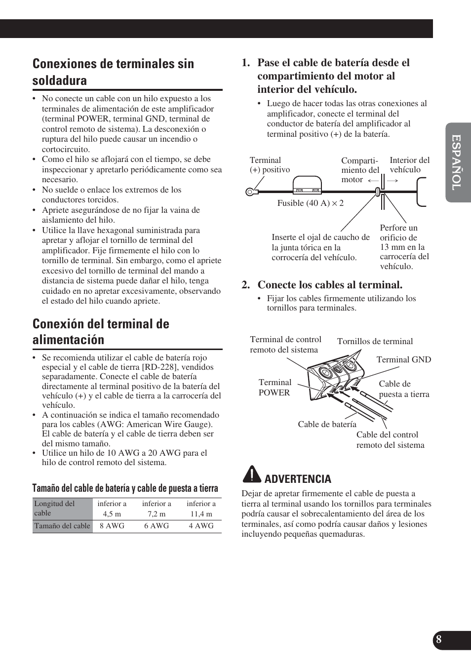 Conexiones de terminales sin soldadura, Conexión del terminal de alimentación, Conecte los cables al terminal | Advertencia | Pioneer PRS-D220 User Manual | Page 23 / 99