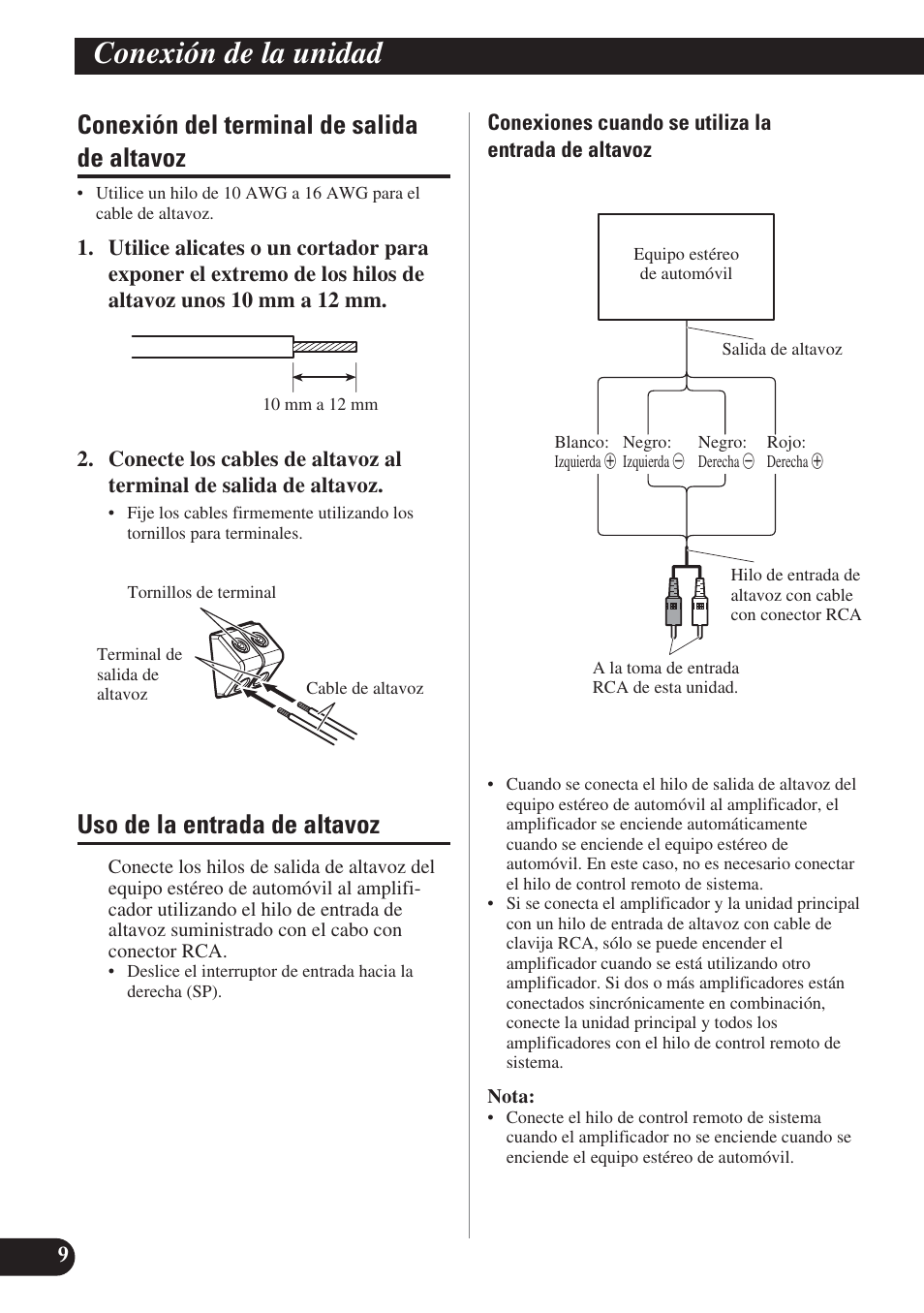 Conexión de la unidad, Conexión del terminal de salida de altavoz, Uso de la entrada de altavoz | Pioneer PRS-D220 User Manual | Page 24 / 99