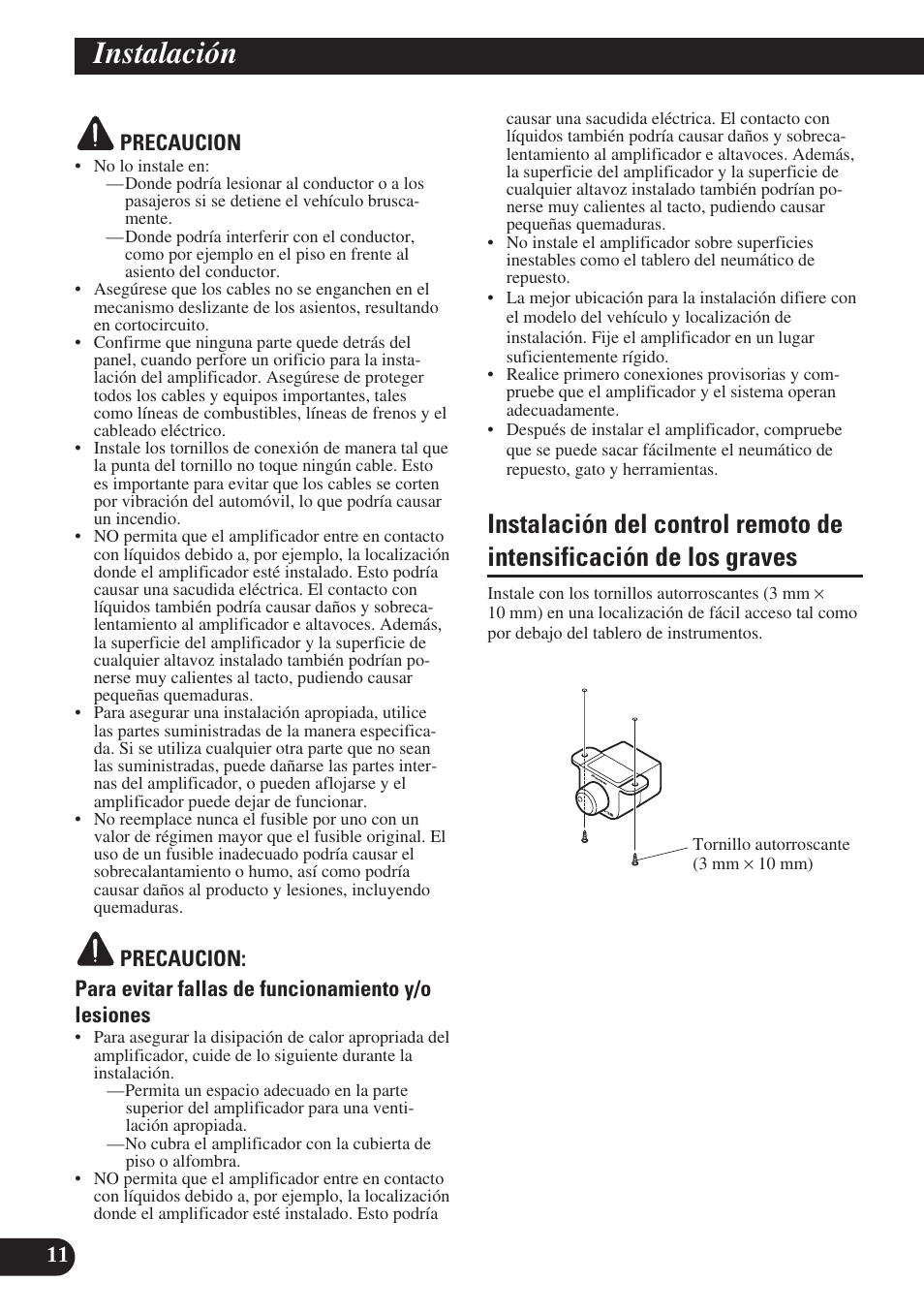 Instalación, Instalación del control remoto de, Intensificación de los graves | Pioneer PRS-D220 User Manual | Page 26 / 99