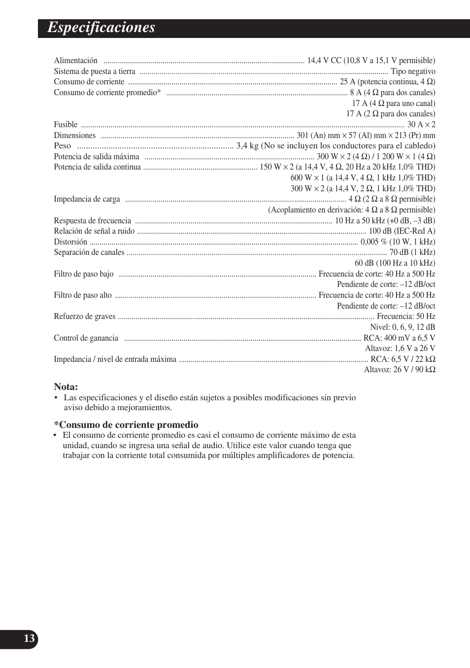 Especificaciones | Pioneer PRS-D220 User Manual | Page 28 / 99