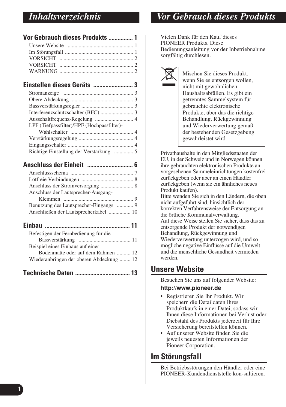Deutsch, Inhaltsverzeichnis vor gebrauch dieses produkts, Unsere website | Im störungsfall | Pioneer PRS-D220 User Manual | Page 30 / 99