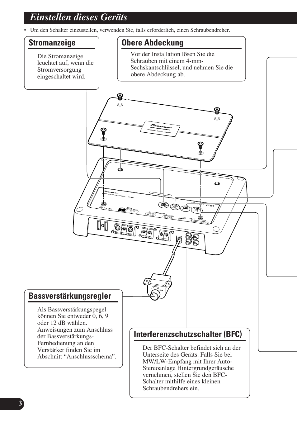 Einstellen dieses geräts, Stromanzeige, Interferenzschutzschalter (bfc) | Obere abdeckung, Bassverstärkungsregler | Pioneer PRS-D220 User Manual | Page 32 / 99