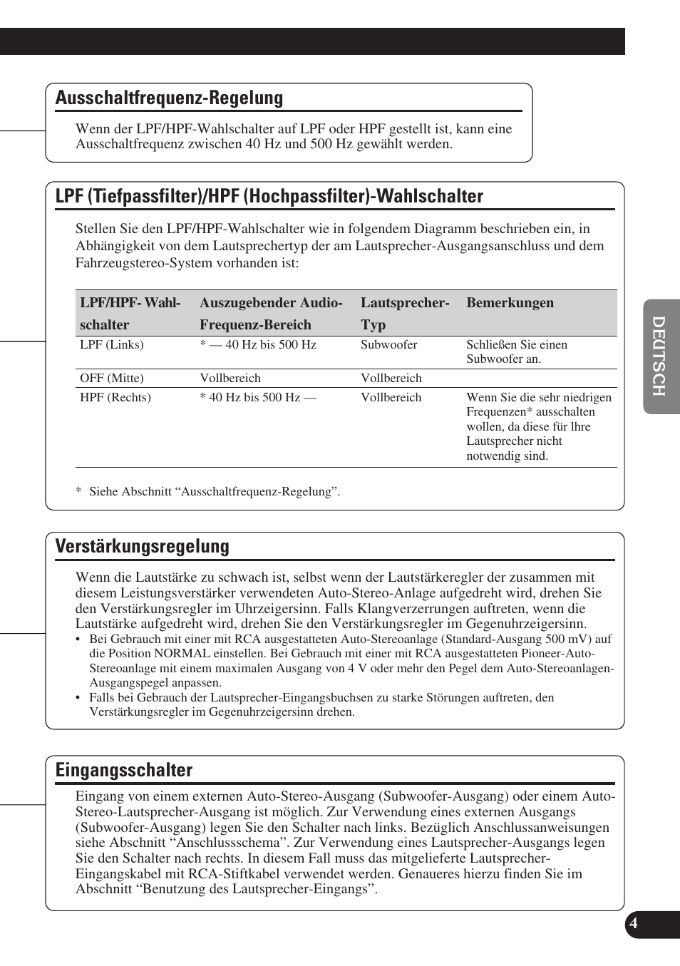Wahlschalter, Verstärkungsregelung eingangsschalter, Ausschaltfrequenz-regelung | Verstärkungsregelung, Eingangsschalter | Pioneer PRS-D220 User Manual | Page 33 / 99