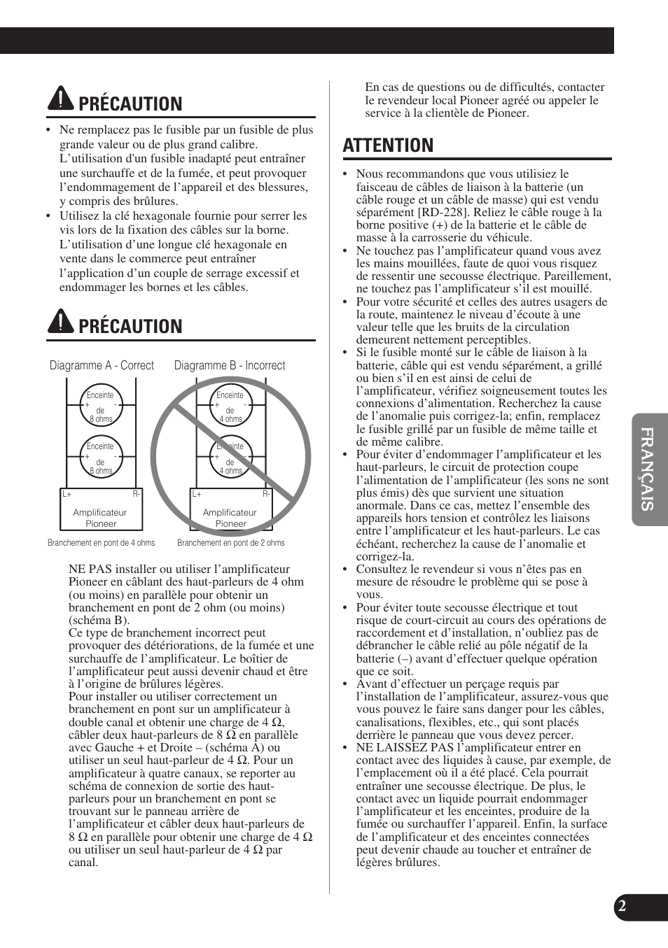 Précaution précaution attention, Précaution, Attention | Pioneer PRS-D220 User Manual | Page 45 / 99