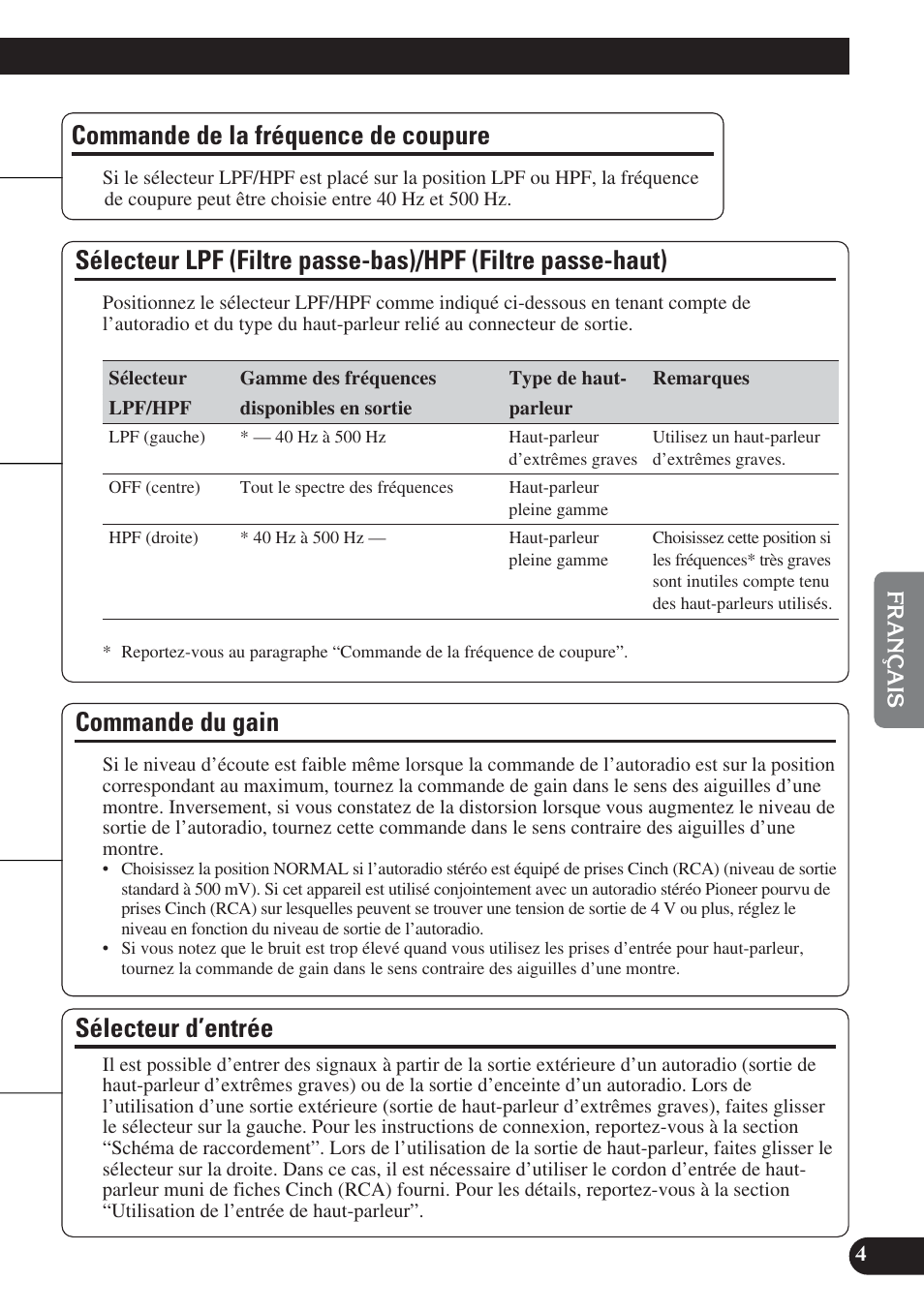 Hpf (filtre passe-haut), Commande du gain sélecteur d’entrée, Commande du gain | Sélecteur d’entrée, Commande de la fréquence de coupure | Pioneer PRS-D220 User Manual | Page 47 / 99