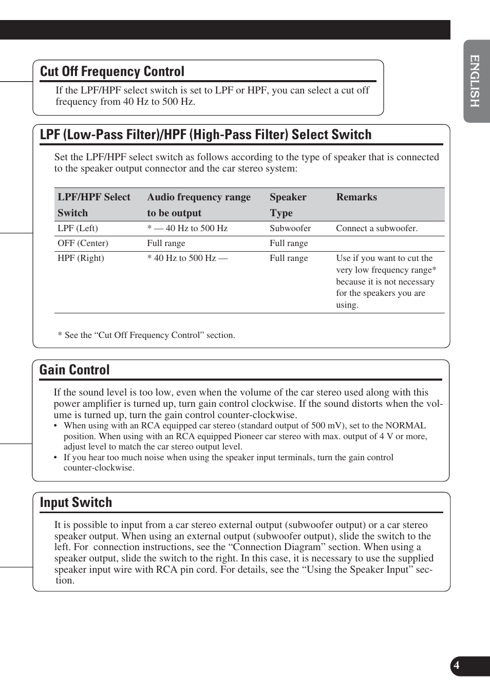 Select switch, Gain control input switch, Gain control | Cut off frequency control, Input switch | Pioneer PRS-D220 User Manual | Page 5 / 99