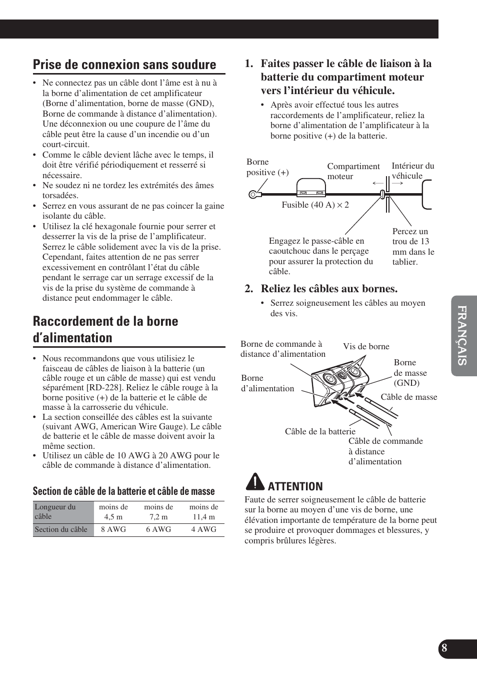 Prise de connexion sans soudure, Raccordement de la borne d’alimentation, Reliez les câbles aux bornes | Attention | Pioneer PRS-D220 User Manual | Page 51 / 99