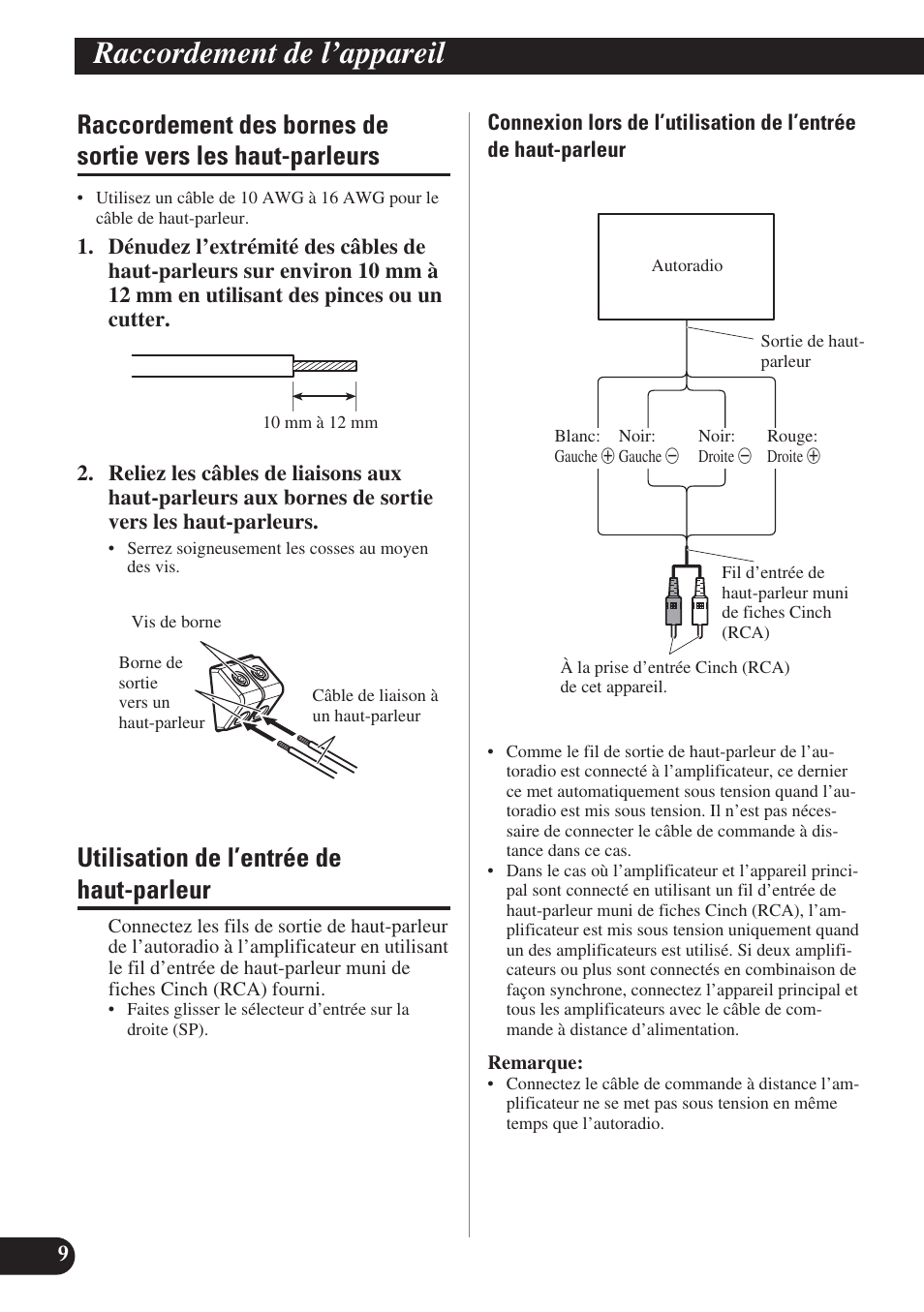 Raccordement des bornes de sortie vers, Les haut-parleurs, Utilisation de l’entrée de haut-parleur | Raccordement de l’appareil | Pioneer PRS-D220 User Manual | Page 52 / 99