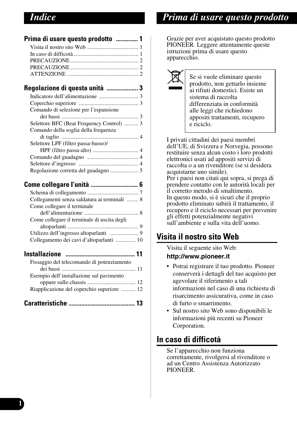 Italiano, Indice prima di usare questo prodotto, Visita il nostro sito web | Pioneer PRS-D220 User Manual | Page 58 / 99