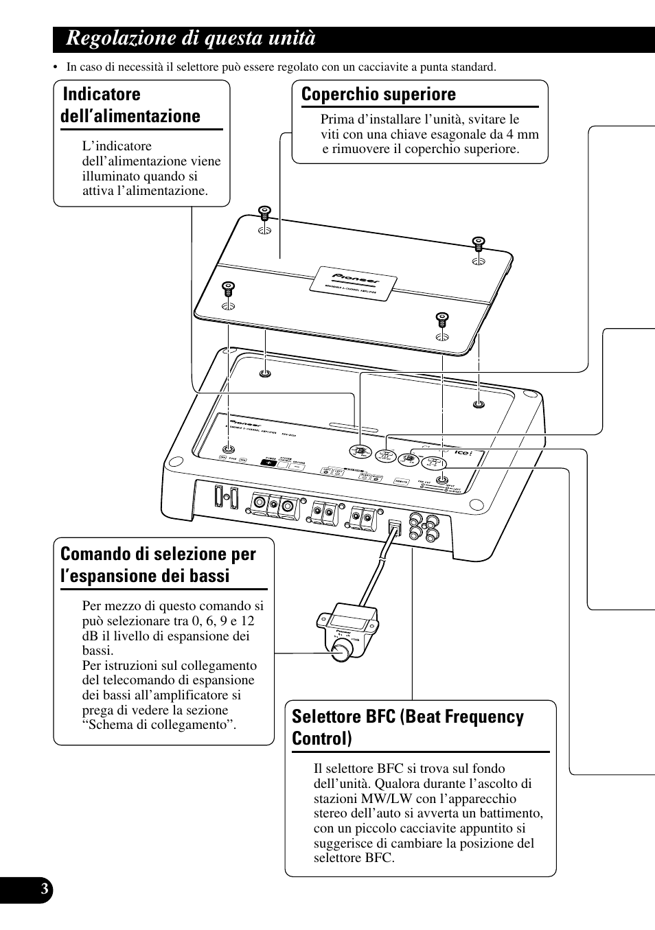 Regolazione di questa unità, Dei bassi, Selettore bfc (beat frequency control) | Indicatore dell’alimentazione, Coperchio superiore, Comando di selezione per l’espansione dei bassi | Pioneer PRS-D220 User Manual | Page 60 / 99