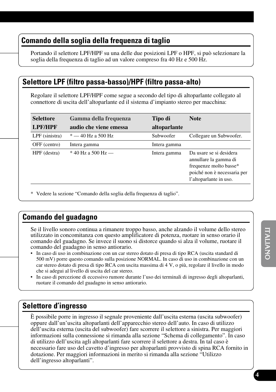 Comando della soglia della frequenza, Di taglio, Selettore lpf (filtro passa-basso) | Hpf (filtro passa-alto), Comando del guadagno selettore d’ingresso, Comando della soglia della frequenza di taglio, Selettore d’ingresso, Comando del guadagno | Pioneer PRS-D220 User Manual | Page 61 / 99