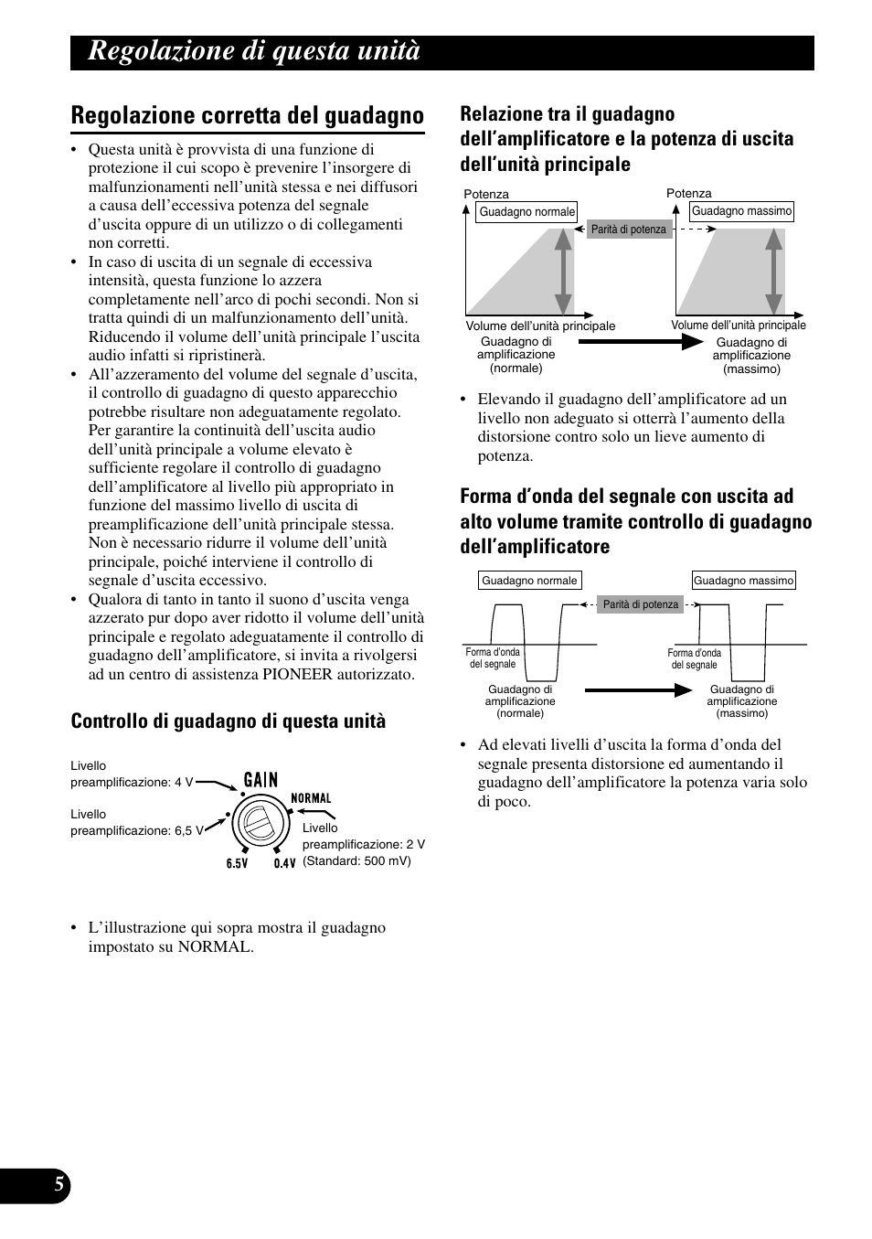 Regolazione corretta del guadagno, Setting the unit regolazione di questa unità, Controllo di guadagno di questa unità | Pioneer PRS-D220 User Manual | Page 62 / 99