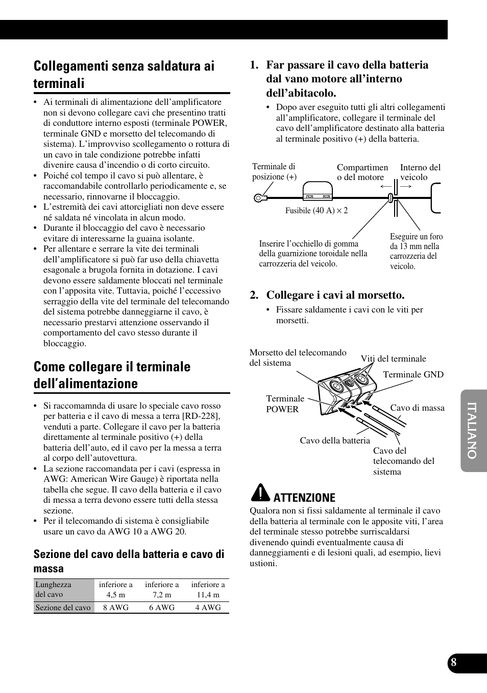 Dell’alimentazione, Collegamenti senza saldatura ai terminali, Come collegare il terminale dell’alimentazione | Sezione del cavo della batteria e cavo di massa, Collegare i cavi al morsetto, Attenzione | Pioneer PRS-D220 User Manual | Page 65 / 99