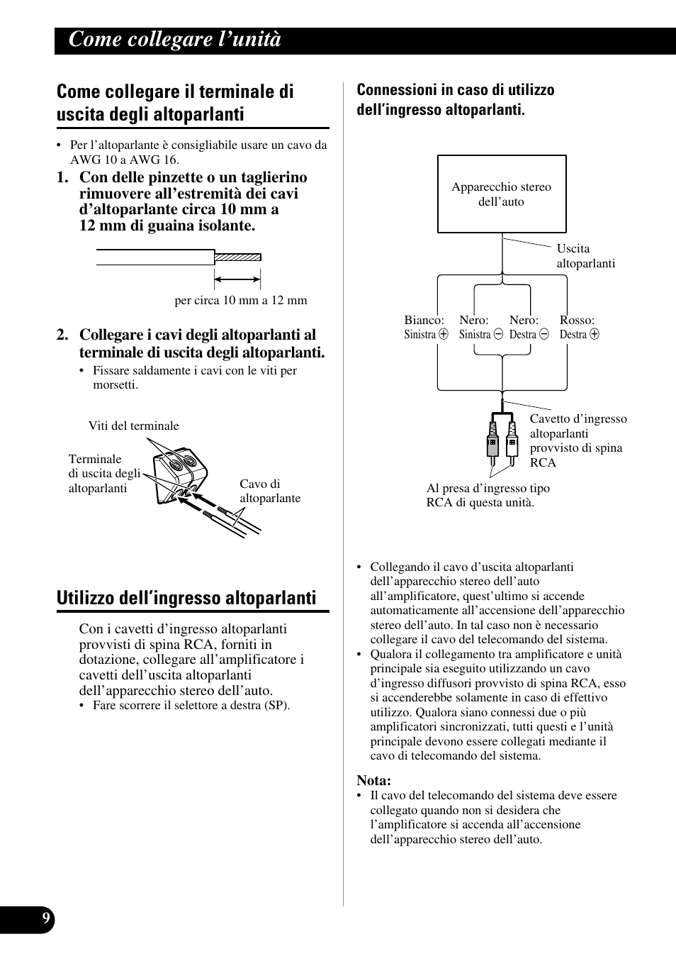 Come collegare il terminale di uscita degli, Altoparlanti, Utilizzo dell’ingresso altoparlanti | Come collegare l’unità | Pioneer PRS-D220 User Manual | Page 66 / 99