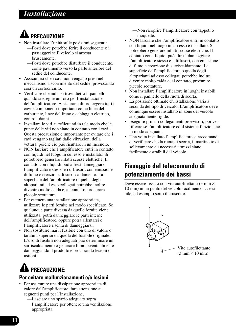 Installazione, Fissaggio del telecomando di potenziamento, Dei bassi | Pioneer PRS-D220 User Manual | Page 68 / 99