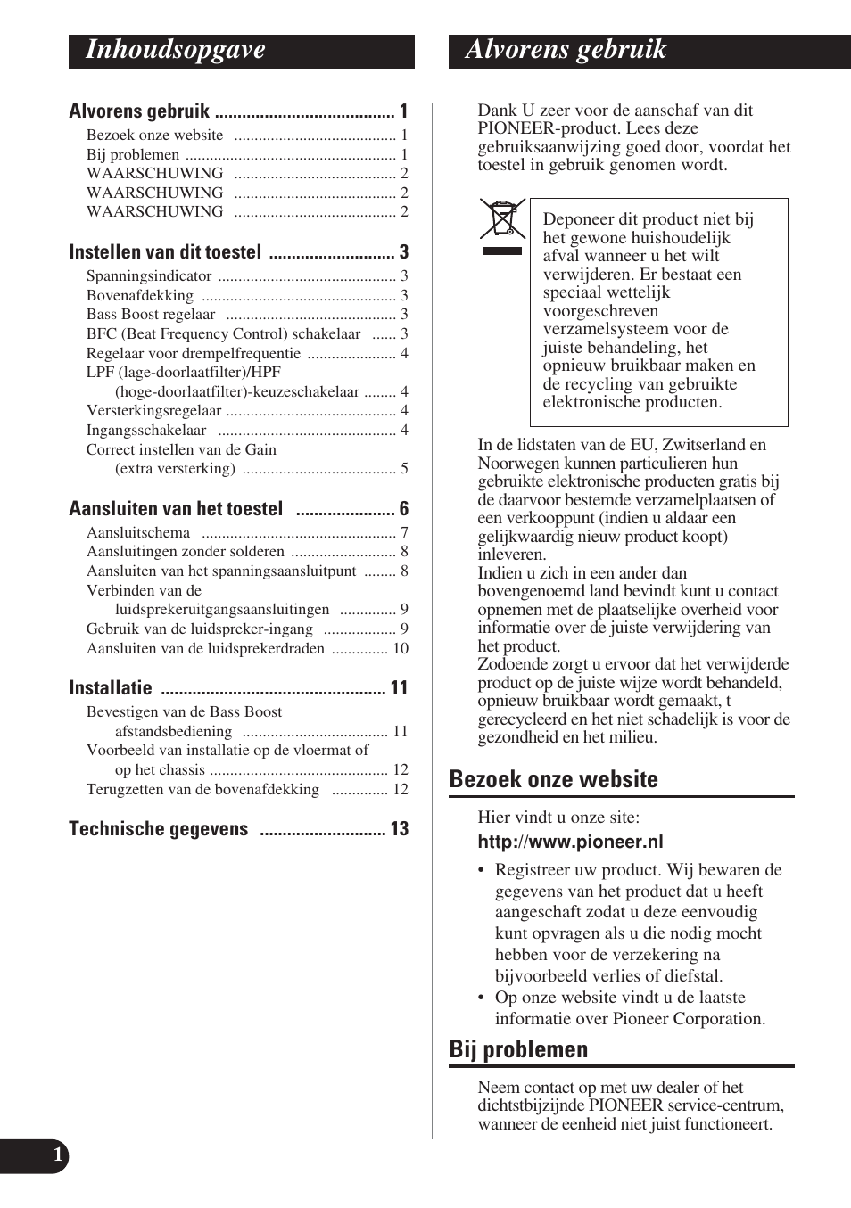 Nederlands, Inhoudsopgave alvorens gebruik, Bezoek onze website | Bij problemen | Pioneer PRS-D220 User Manual | Page 72 / 99