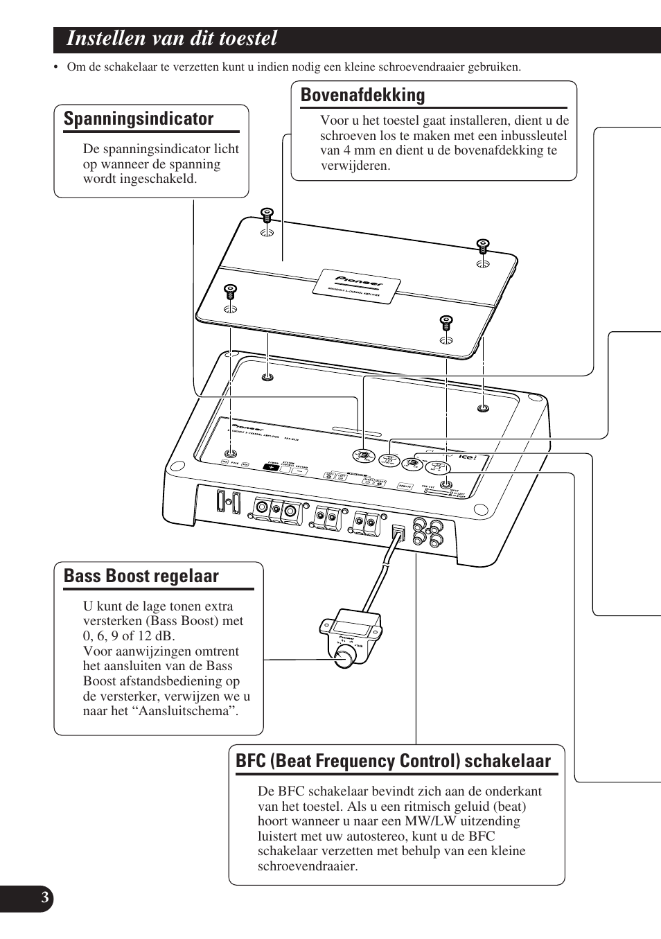 Instellen van dit toestel, Spanningsindicator, Bass boost regelaar | Bovenafdekking, Bfc (beat frequency control) schakelaar | Pioneer PRS-D220 User Manual | Page 74 / 99