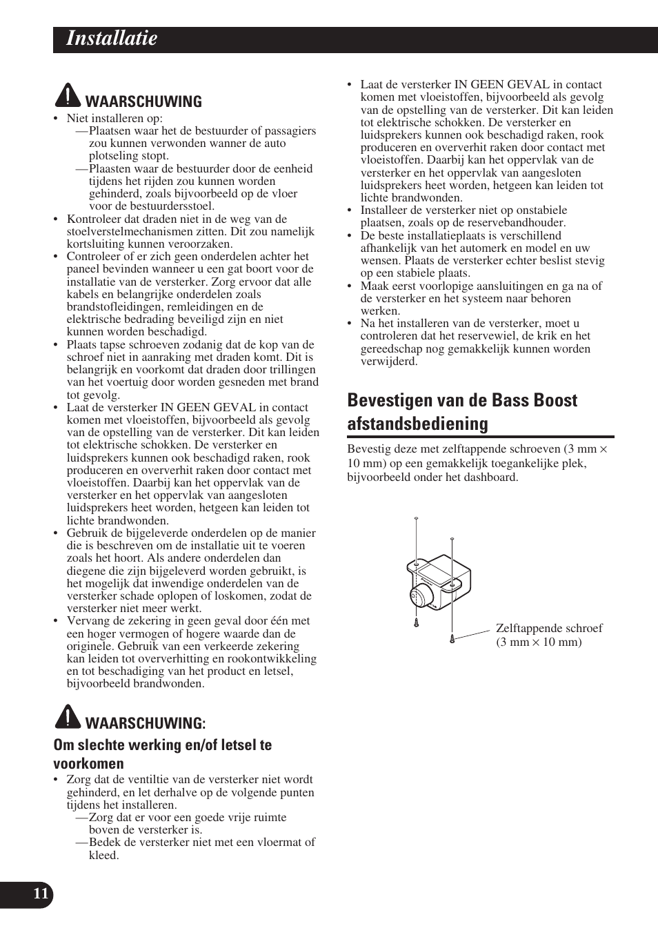 Installatie, Bevestigen van de bass boost, Afstandsbediening | Bevestigen van de bass boost afstandsbediening | Pioneer PRS-D220 User Manual | Page 82 / 99