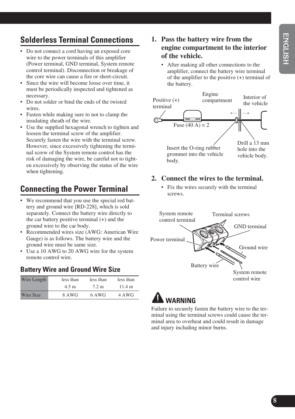 Solderless terminal connections, Connecting the power terminal | Pioneer PRS-D220 User Manual | Page 9 / 99
