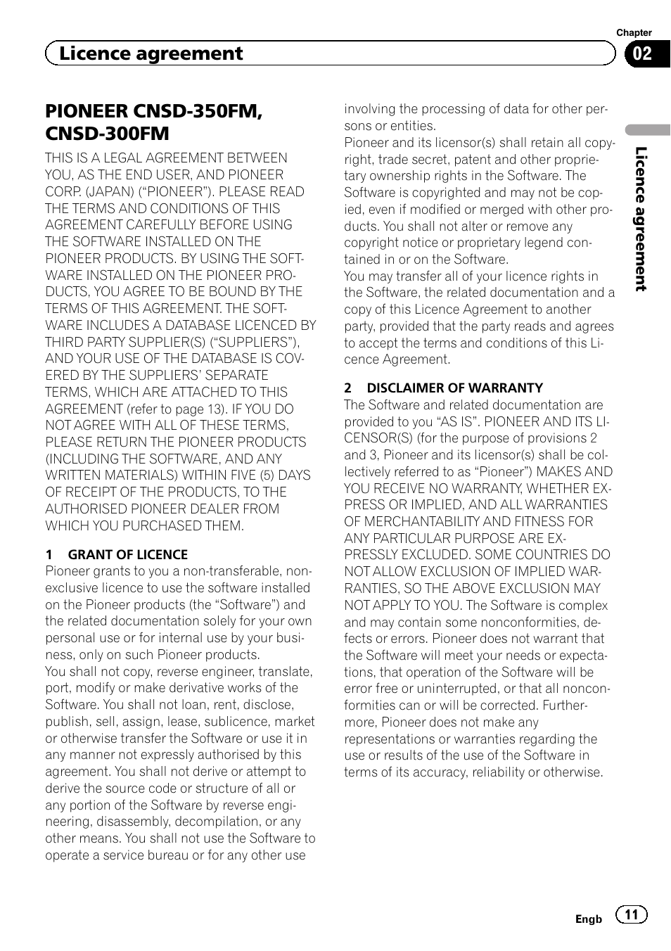 Licence agreement pioneer cnsd-350fm, cnsd-300fm, Licence agreement | Pioneer CNSD-350FM User Manual | Page 11 / 32