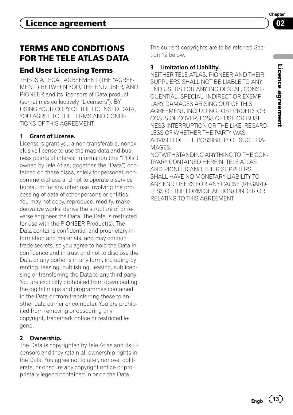 Terms and conditions for the tele, Atlas data, End user licensing terms 13 | Terms and conditions for the tele atlas data, Licence agreement | Pioneer CNSD-350FM User Manual | Page 13 / 32