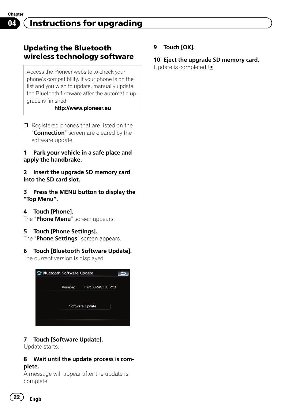 Updating the bluetooth wireless, Technology software, Updating the | 04 instructions for upgrading | Pioneer CNSD-350FM User Manual | Page 22 / 32