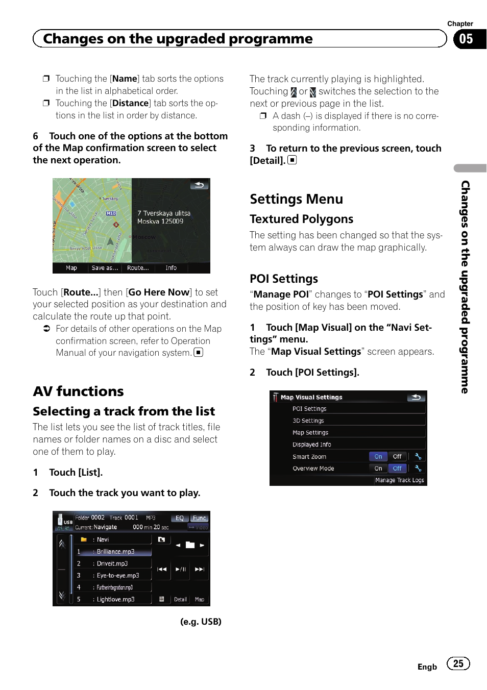 Av functions, Selecting a track from the list 25, Settings menu | Textured polygons 25, Poi settings 25, Changes on the upgraded programme | Pioneer CNSD-350FM User Manual | Page 25 / 32