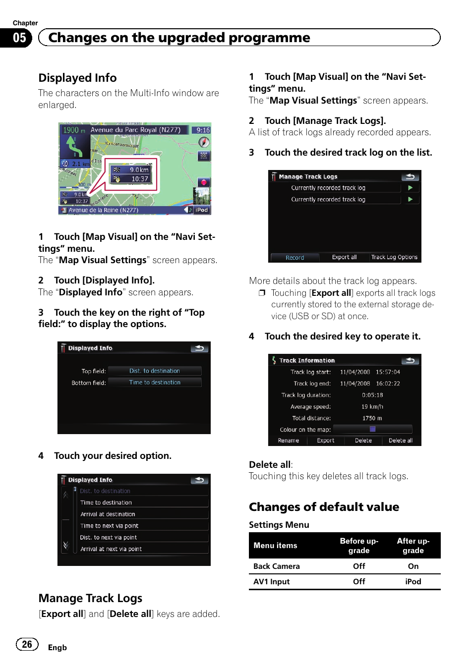 Displayed info 26, Manage track logs 26, Changes of default value 26 | 05 changes on the upgraded programme, Displayed info, Manage track logs, Changes of default value | Pioneer CNSD-350FM User Manual | Page 26 / 32